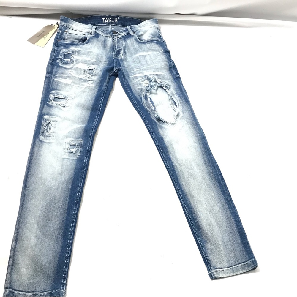TAKER Mens Slim Distressed Denim Jeans Mens Size 34x32 Blue Ripped New